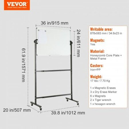 91.5x61cm Rolling Magnetic Whiteboard, Double-sided Mobile Whiteboard, Adjustable Height Dry Erase Board with Wheels, 1 Magnetic Erase & 3 Dry Erase Markers & Movable Tray Office, School