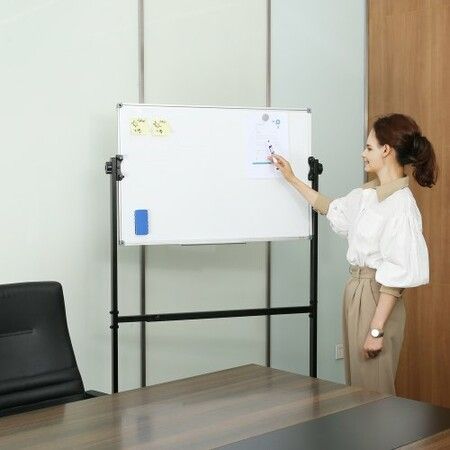 91.5x61cm Rolling Magnetic Whiteboard, Double-sided Mobile Whiteboard, Adjustable Height Dry Erase Board with Wheels, 1 Magnetic Erase & 3 Dry Erase Markers & Movable Tray Office, School