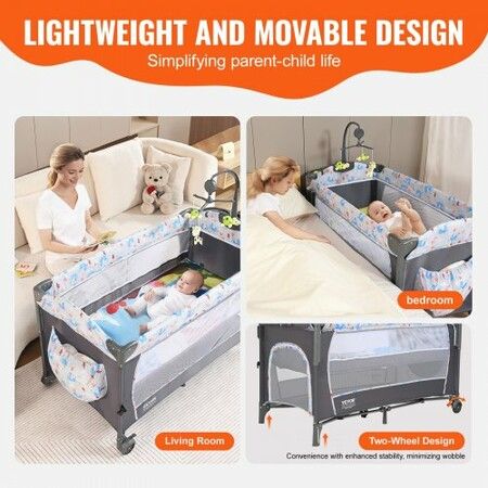 Baby Bassinet, 12-Level Height Adjustable Easy to Fold Portable Baby Bassinet Bedside Sleeper with Storage Basket & Wheels, Baby Cradle Bedside Crib with Mosquito Net for Infant Newborn Girl Boy