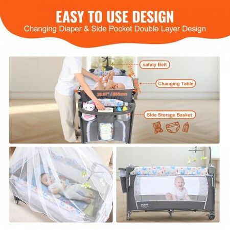 Baby Bassinet, 12-Level Height Adjustable Easy to Fold Portable Baby Bassinet Bedside Sleeper with Storage Basket & Wheels, Baby Cradle Bedside Crib with Mosquito Net for Infant Newborn Girl Boy