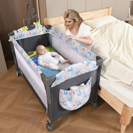 Baby Bassinet, 12-Level Height Adjustable Easy to Fold Portable Baby Bassinet Bedside Sleeper with Storage Basket & Wheels, Baby Cradle Bedside Crib with Mosquito Net for Infant Newborn Girl Boy