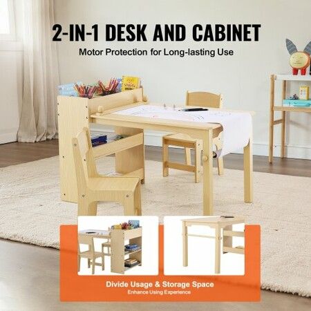 Kids Art Table and 2 Chairs Toddler Craft and Play Table with A Cabinet