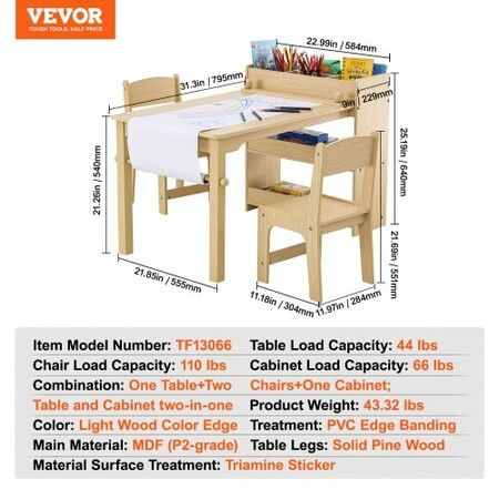 Kids Art Table and 2 Chairs Toddler Craft and Play Table with A Cabinet