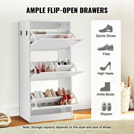 Shoe Cabinet with 3 Flip Drawers, Shoe Storage Cabinet for Entryway, 23.6 x 9.33x 47.2 inch Free Standing Shoe Storage Organizer with Side Hooks for Heels, Boots, Slippers in Hallway, Living Room