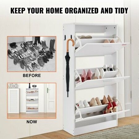 Shoe Cabinet with 3 Flip Drawers, Shoe Storage Cabinet for Entryway, 23.6 x 9.33x 47.2 inch Free Standing Shoe Storage Organizer with Side Hooks for Heels, Boots, Slippers in Hallway, Living Room