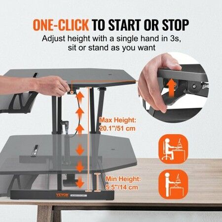 Standing Desk Converter, Two-Tier Stand up Desk Riser, 915 mm Large Sit to Stand Desk Converter, 140-510 mm  Adjustable Height, for Monitor, Keyboard & Accessories Used in Home Office