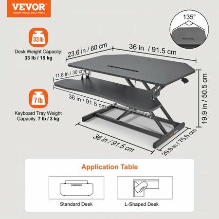 Standing Desk Converter, Two-Tier Stand up Desk Riser, 915 mm Large Sit to Stand Desk Converter, 140-510 mm  Adjustable Height, for Monitor, Keyboard & Accessories Used in Home Office