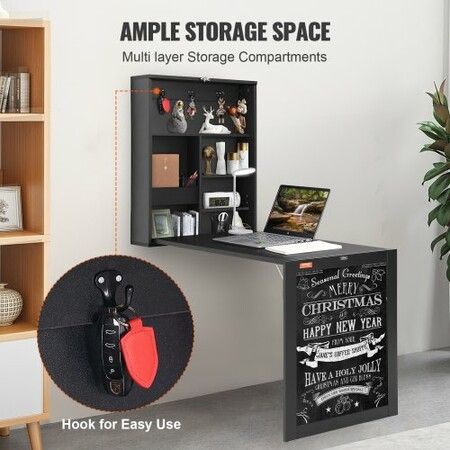 Wall Mounted Desk, Fold out Convertible Desk, Multi-Function Folding Wall Table with Chalkboard for Home Office, Space Saving Computer Desk with Storage Area