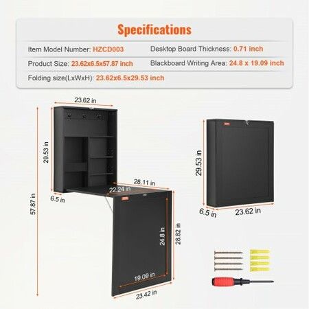 Wall Mounted Desk, Fold out Convertible Desk, Multi-Function Folding Wall Table with Chalkboard for Home Office, Space Saving Computer Desk with Storage Area