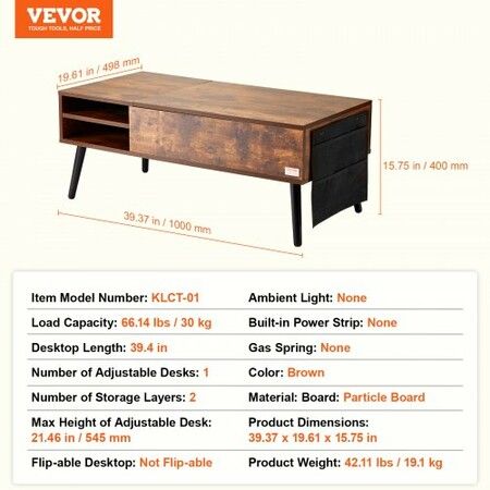 Lift Top Coffee Table 39.4 in Rectangle Coffee Table for Living Room Brown