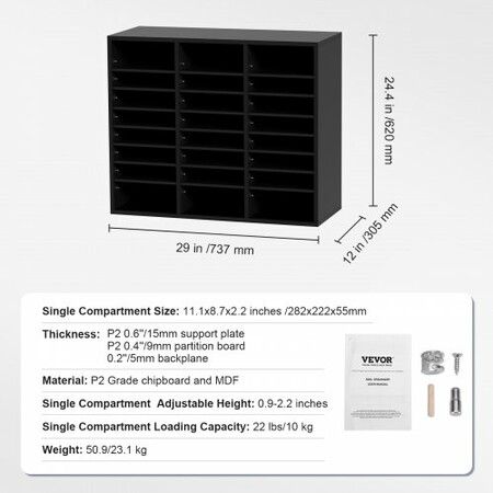 Wood Literature Organizer Adjustable File Sorter 24 Compartments Black