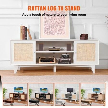 Rattan TV Stand for 75" TV Boho TV Stand with Build-in Socket White