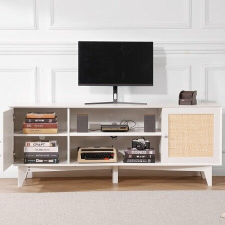 Rattan TV Stand for 75" TV Boho TV Stand with Build-in Socket White