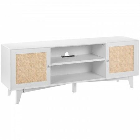 Rattan TV Stand for 75" TV Boho TV Stand with Build-in Socket White