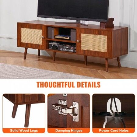 Rattan TV Stand, Mid Century Modern TV Stand for 65 inch TV, Boho Rattan TV Cabinet with Build-in Socket and USB Ports, Adjustable Shelfs for Living Room, Media Room, Walnut