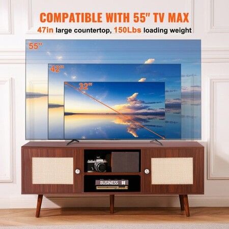 Rattan TV Stand, Boho TV Cabinet for 55 inch TV, Mid Century Modern TV Stand, Rattan TV Console with Adjustable Shelfs for  Living Room, Media Room, Walnut