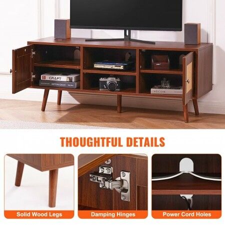 Rattan TV Stand, Boho TV Cabinet for 55 inch TV, Mid Century Modern TV Stand, Rattan TV Console with Adjustable Shelfs for  Living Room, Media Room, Walnut