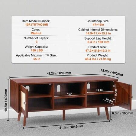 Rattan TV Stand, Boho TV Cabinet for 55 inch TV, Mid Century Modern TV Stand, Rattan TV Console with Adjustable Shelfs for  Living Room, Media Room, Walnut