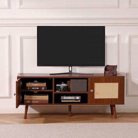 Rattan TV Stand, Boho TV Cabinet for 55 inch TV, Mid Century Modern TV Stand, Rattan TV Console with Adjustable Shelfs for  Living Room, Media Room, Walnut