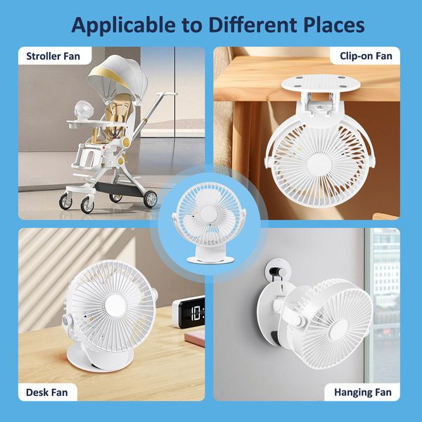 USB Desk Clip On Fan Portable Cooling Clamp Table Wall Battery Powered Air Circulator 360 Degree Rotation with Light for Car Stroller Travel Camping