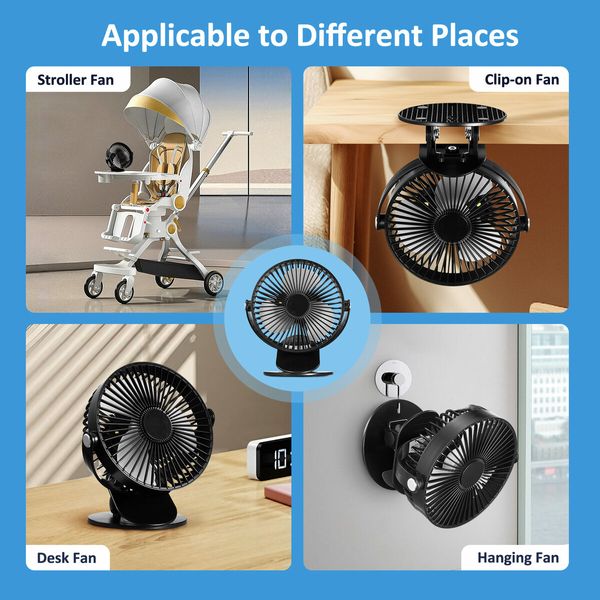 Portable Clip On Fan USB Battery Powered Air Circulation Clamp Desk Car Cooling Pram 360 Degree Rotation with Lights for Office Stroller Camping