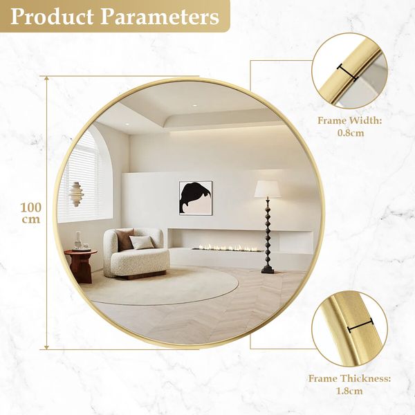 100cm Round Wall Mirror Bathroom Vanity Gold Bedroom Large Standing Mount Decorative Circle Hallway Makeup Shaving Shower