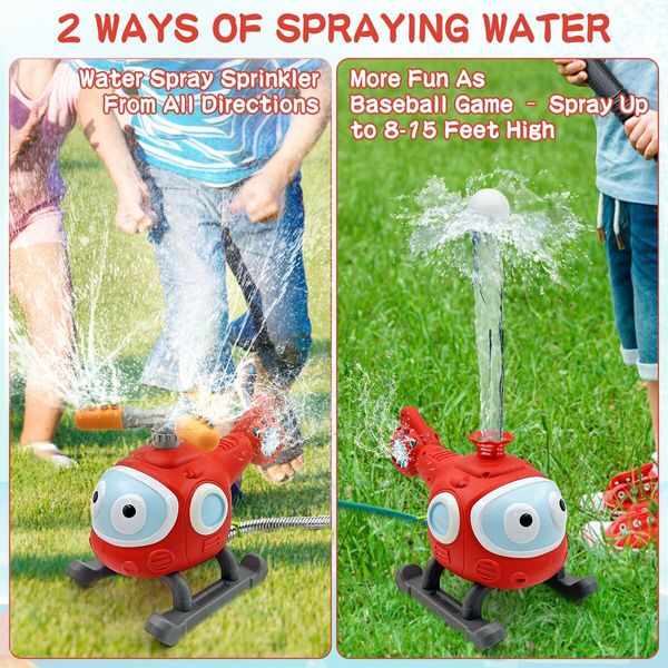 2 In 1 Outdoor Water Spray Sprinklers T Ball Set,Backyard Spinning Airplane Sprinkler Toy Tee Ball Game,Sprays Up to 8ft High Attaches to Garden Hose