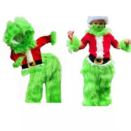 Green Furry Monster Christmas Cosplay Costume Hooded Santa Claus Top and Fuzzy Pants Set for Kids Boys and Girls Size M 120cm