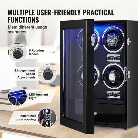 Watch Winder, Watch Winder for 4 Men's and Women's Automatic Watches, with 4 Super Quiet Japanese Mabuchi Motors, Blue LED Light and Adapter, High-Density Board Shell and Black PU