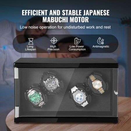 Watch Winder, Watch Winder for 4 Men's and Women's Automatic Watches, with 2 Super Quiet Japanese Mabuchi Motors, Blue LED Light and Adapter, High-Density Board Shell and Black PU