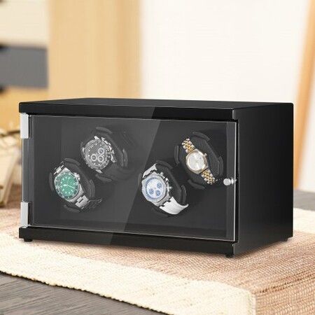 Watch Winder, Watch Winder for 4 Men's and Women's Automatic Watches, with 2 Super Quiet Japanese Mabuchi Motors, Blue LED Light and Adapter, High-Density Board Shell and Black PU