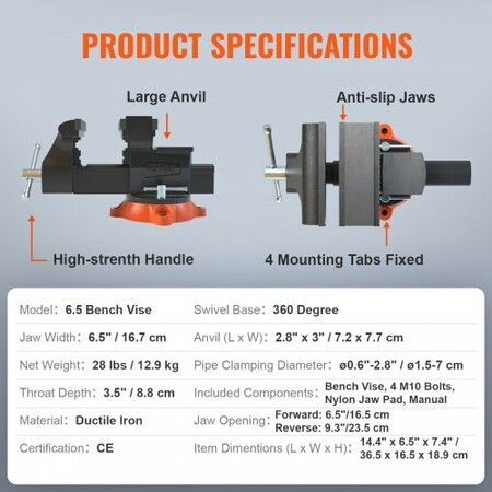 16.7cm Bench Vise Anvil Swivel Locking Base Heavy Duty Ductile Iron Vice