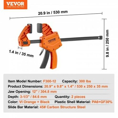 Bar Clamps for Woodworking, 2-Pack 304.8 mm One-Handed Clamp/Spreader, Quick-Change F Clamp with 300 lbs Load Limit, High-strength Plastic and Carbon Steel, Wood clamps for Woodworking