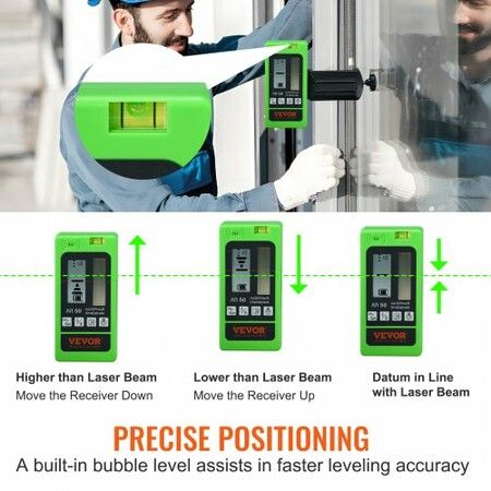 Laser Receiver for Laser Level, 60 m Working Range, Green Laser and Red Beam Detector for Pulsing Line Lasers, Adjustable Speaker & Dual LCD Display & Built-In Bubble Level, Clamp Included