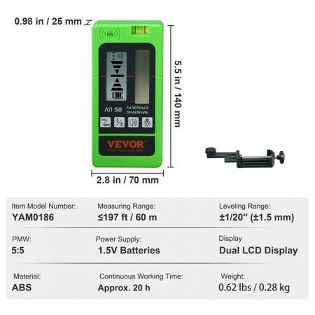 Laser Receiver for Laser Level, 60 m Working Range, Green Laser and Red Beam Detector for Pulsing Line Lasers, Adjustable Speaker & Dual LCD Display & Built-In Bubble Level, Clamp Included