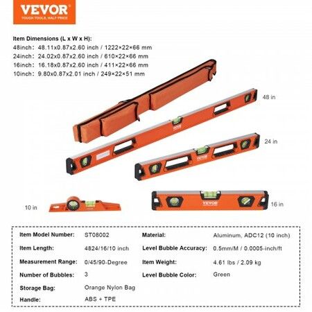 Magnetic Torpedo Level, 48/24/16/10 in Mechanical Level Set, Bubble Vials Ruler for 45/90/180 Degree, Aluminum Alloy Leveler Tool w/ Viewing Window, Shock-Resistant for Measuring Plumbing, Wood