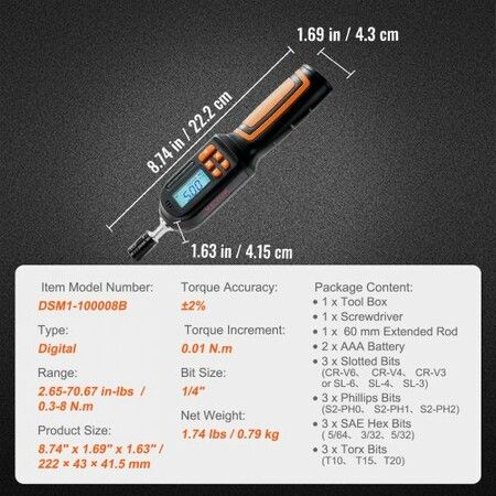 Digital Torque Screwdriver, 1/4" Drive Screwdriver Torque Wrench, Electrician Torque Screwdriver with LCD, 2.65-70.67 in-lbs Torque Range, 0.01 N.m Increment Torque Screwdriver with Bits & Case