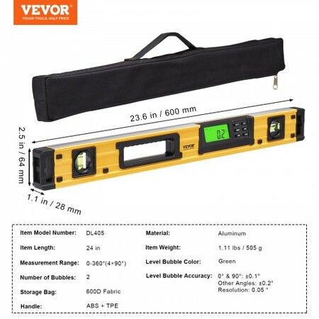 Magnetic Torpedo Level, 24 in, LED Backlit Screen Mechanical Bubble Vials Ruler for 0-360 Degree, Gravity Sensor Aluminum Alloy Leveler Tool w/ Viewing Window, Shock-Resistant for Plumbing, Wood