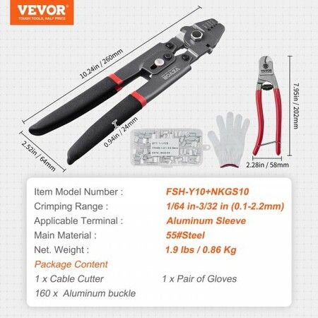 Crimping Tool, Up To 2.2mm Wire Rope Crimping Tool, Crimping Loop Sleeve Kit with a Cable Cutter and 160pcs Aluminum Buckles, Teflon Coating Anti-Rust Fishing Crimping Tool