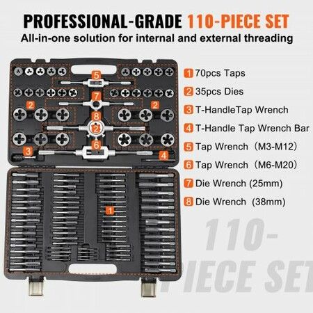 Tap and Die Set 110Pcs Metric Size M2 to M18 Bearing Steel Threading Tool