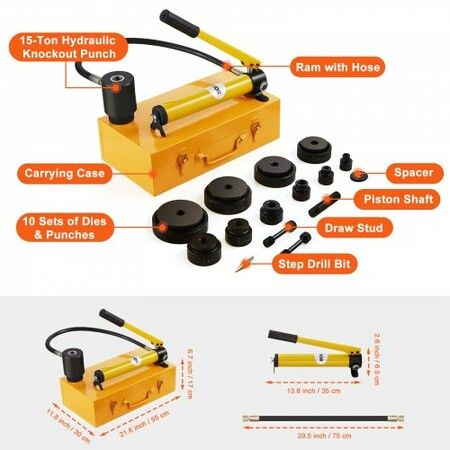 15 Ton Hydraulic Knockout Punch Kit, 1/2" to 4" Conduit Hole Cutter Set, KO Tool Kits with Puncher 10 Piece, Metal Sheet Driver Tools, For Aluminum, Brass, Stainless Steel, Fiberglass and Plasti