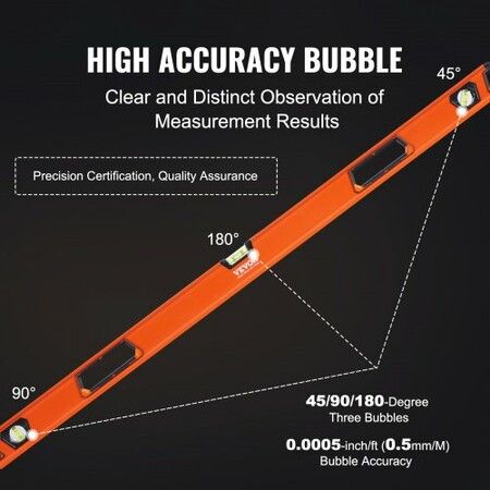 Magnetic Torpedo Level, 48 in, Mechanical Bubble Vials Ruler for 45/90/180 Degree, Aluminum Alloy Leveler Tool w/ Viewing Window, Shock-Resistant for Measuring Plumbing, Wood