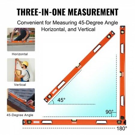 Magnetic Torpedo Level, 48 in, Mechanical Bubble Vials Ruler for 45/90/180 Degree, Aluminum Alloy Leveler Tool w/ Viewing Window, Shock-Resistant for Measuring Plumbing, Wood