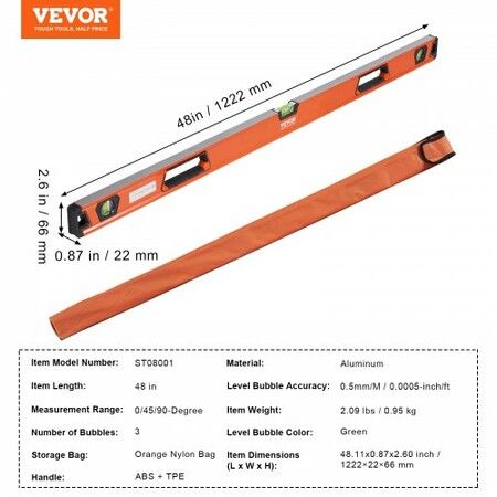 Magnetic Torpedo Level, 48 in, Mechanical Bubble Vials Ruler for 45/90/180 Degree, Aluminum Alloy Leveler Tool w/ Viewing Window, Shock-Resistant for Measuring Plumbing, Wood