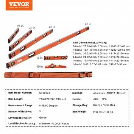 Magnetic Torpedo Level, 78/48/32/24/16/10 in Mechanical Level Set, Bubble Vials Ruler for 45/90/180 Degree, Aluminum Alloy Leveler Tool w/ Viewing Window, Shock-Resistant for Plumbing, Wood