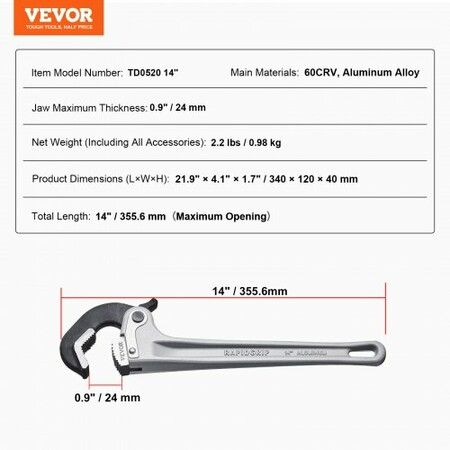 Aluminum Straight Pipe Wrench 14 in Automatic Jaw Adjustment 60CRV Jaw