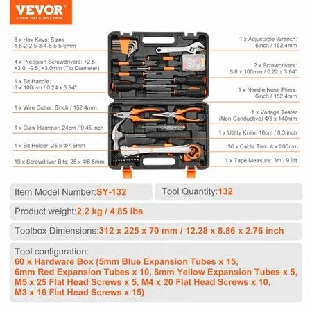 Tool Kit 132 Piece General Household Hand Tool Set with Portable Tool Case