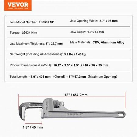 Pipe Wrench, 18" Aluminum Straight Pipe Wrench, Adjustable Plumbing Wrench, with High Strength Jaw and Ergonomic Handle, Easy to Carry, Hangable Design, for Water Pipes, Automotive Repairs