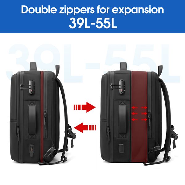 Vacuum Travel Backpack Rucksack Waterproof Compression Expandable Antitheft Men Carryon Luggage Bag Work Business Laptop Black 39-55L USB Charging