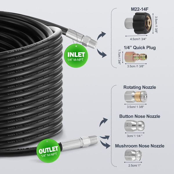 30m Sewer Jetter Kit for High Pressure Washer Blaster Drain Cleaner Hose 5800PSI 1/4 Inch NPT Corner Jetting Cleaning Pipe Button Nose Rotating Nozzle